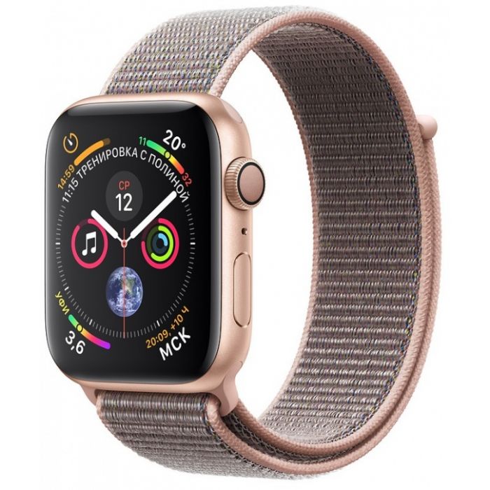 Apple Watch Series 4, 44 мм, корпус из золотистого алюминия, спортивный браслет цвета «розовый песок»